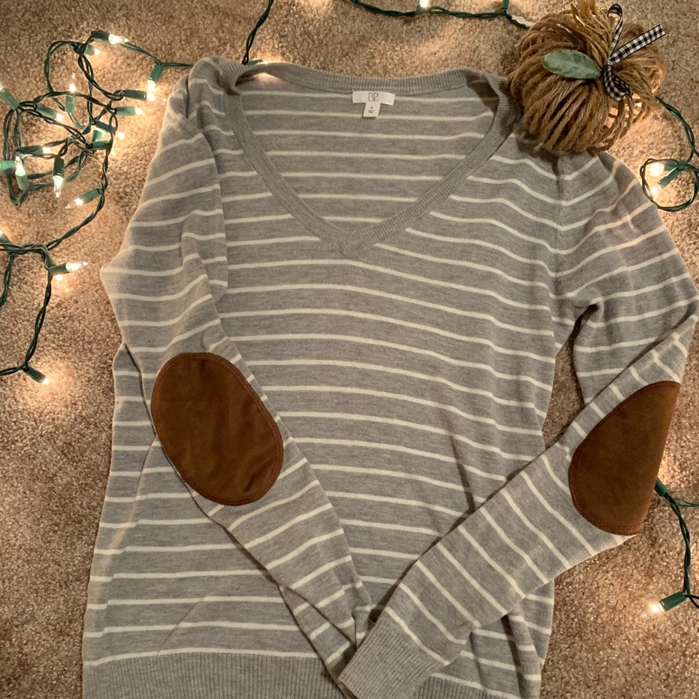 Striped v neck sweater with brown and patches